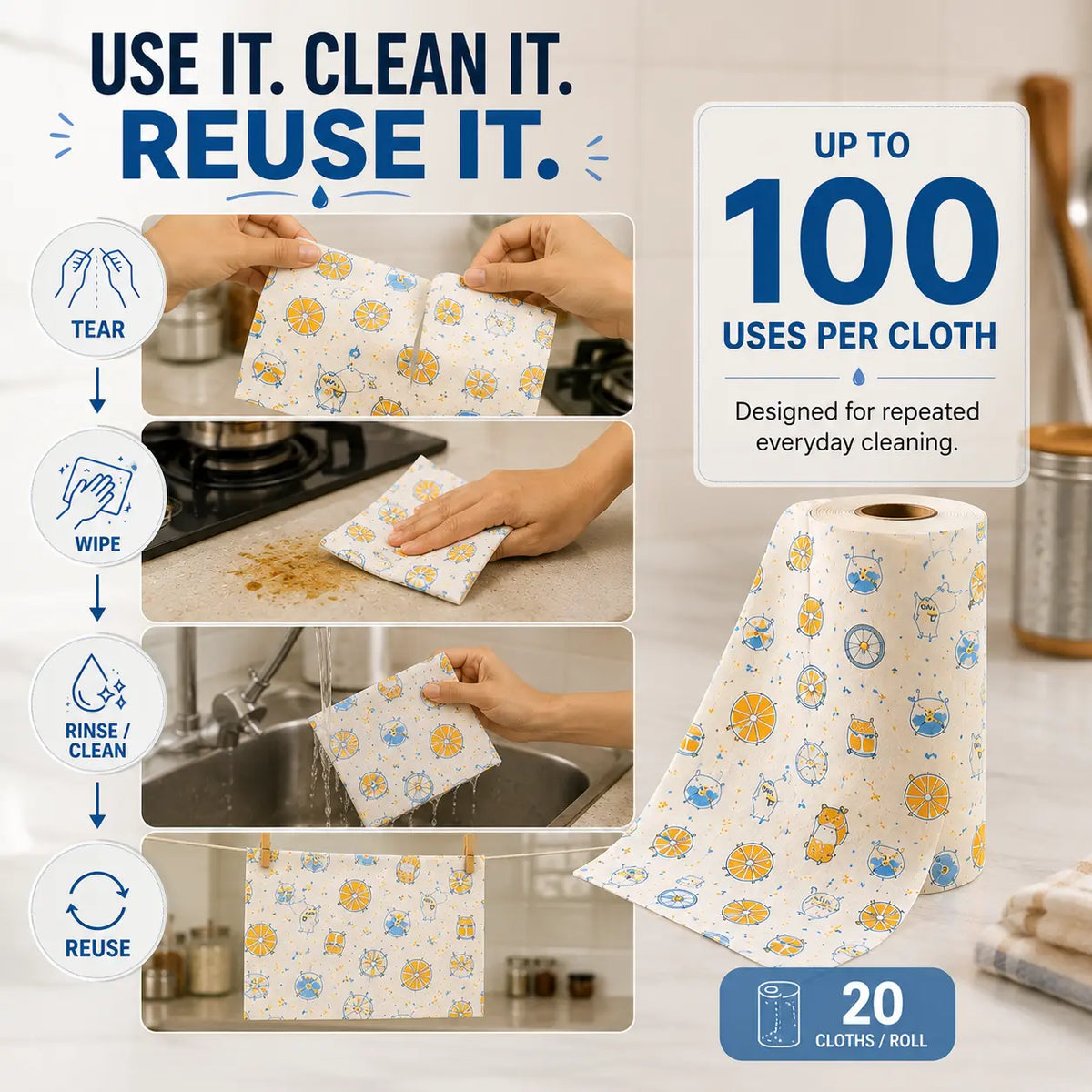 Reusable Kitchen Cleaning Cloth Roll – 20 Cloths, 25×25 cm, 100 days daily use