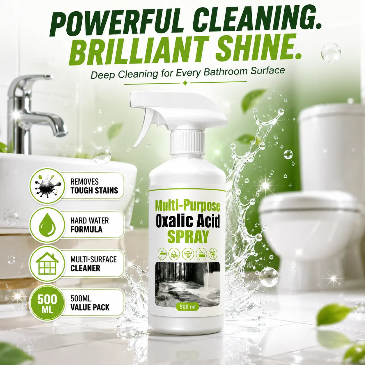 Multi-Purpose Oxalic Acid Cleaner Spray ā Powerful Bathroom, Tile, Toilet & Hard Water Stain Remover (500ML)