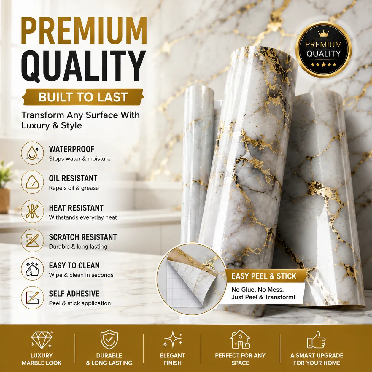 Waterproof Marble Contact Paper For Walls & Furniture | Peel, Stick & Instantly Upgrade Any Room