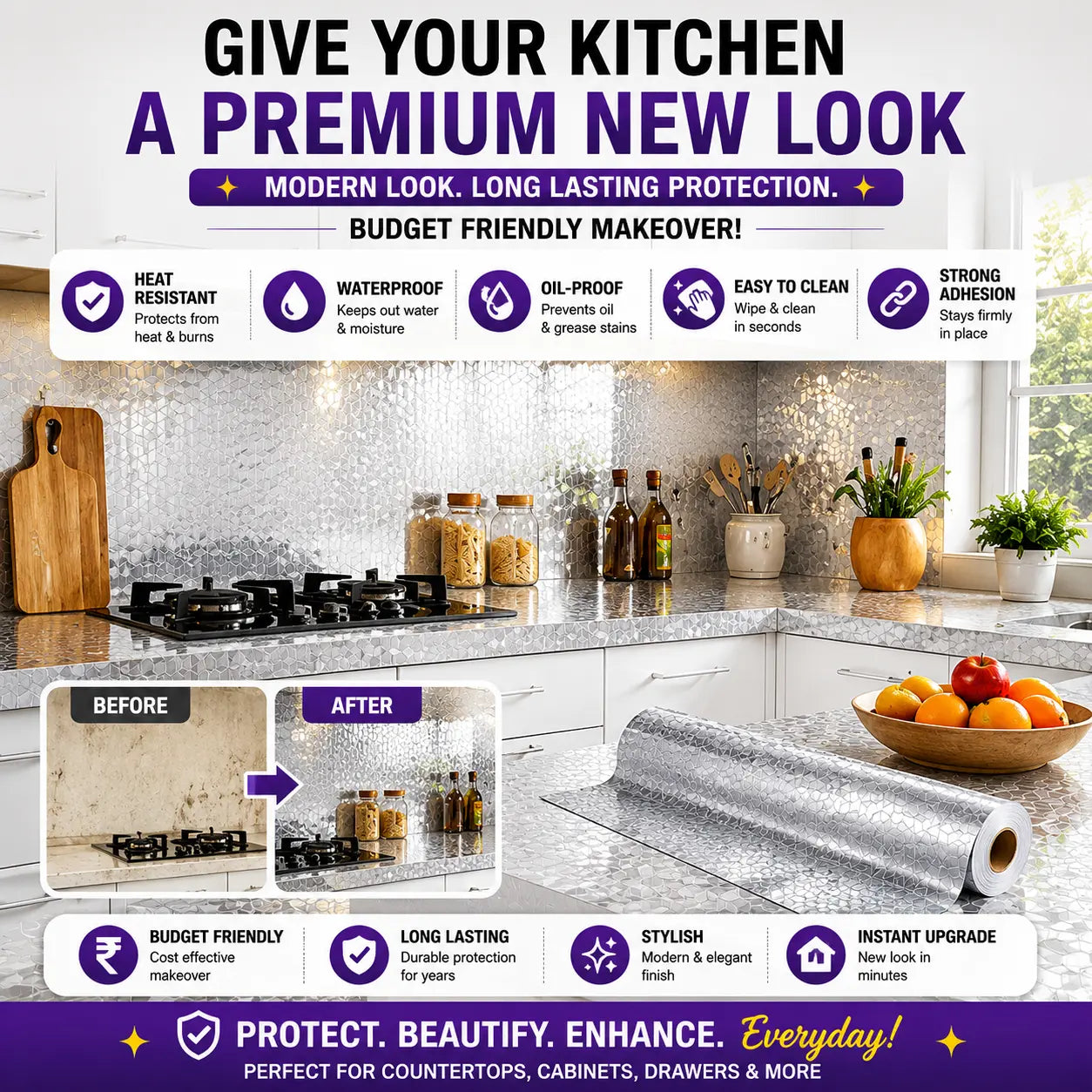 Premium Oil-Proof Waterproof Kitchen Sticker Roll | 5 Powerful Benefits in 1 Cover