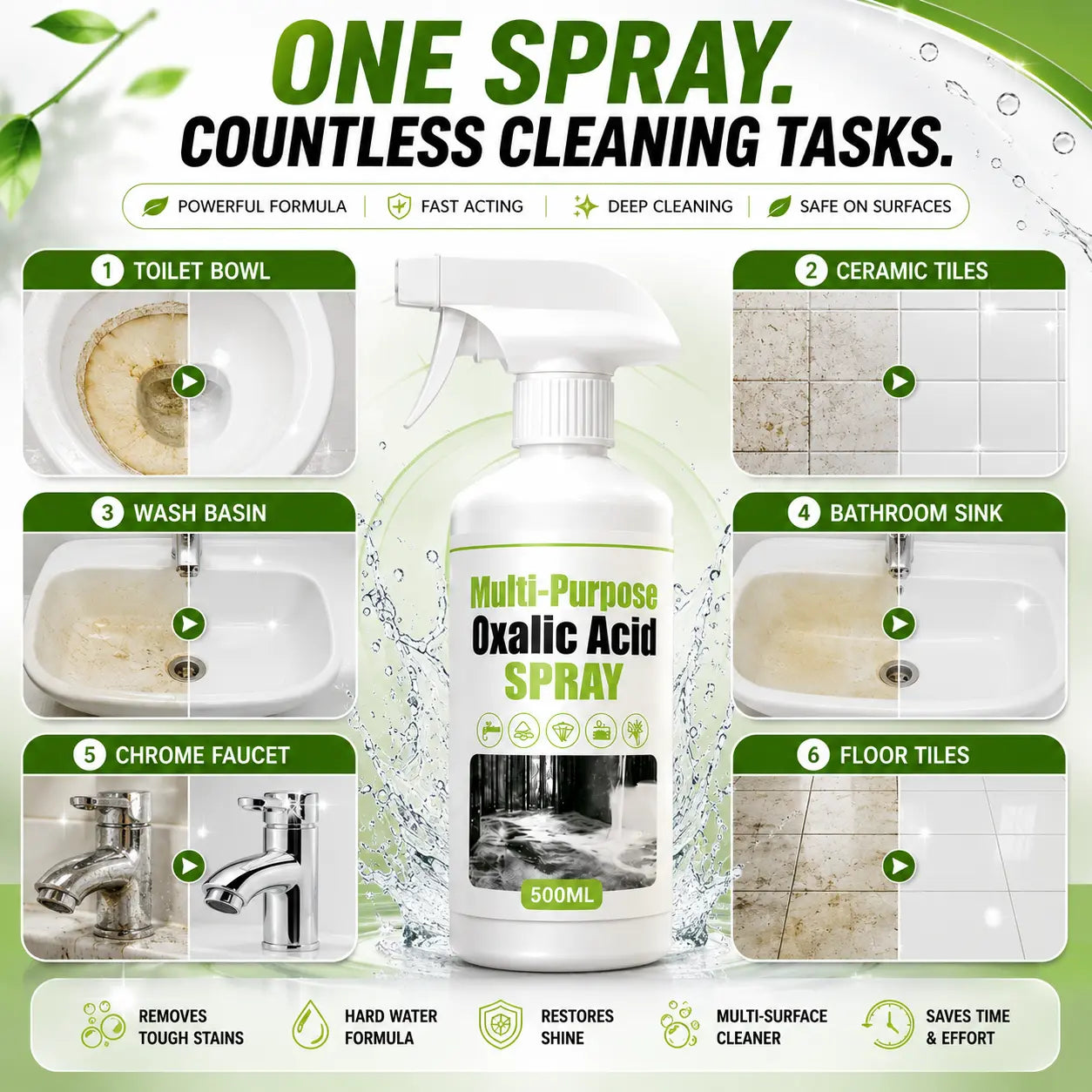 Multi-Purpose Oxalic Acid Cleaner Spray – Powerful Bathroom, Tile, Toilet & Hard Water Stain Remover (500ML)