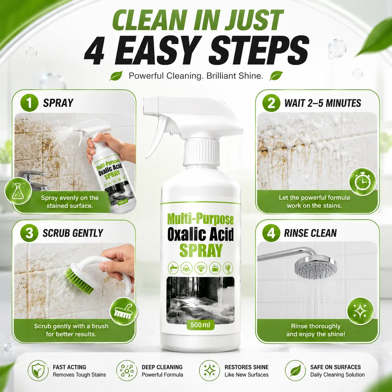 Multi-Purpose Oxalic Acid Cleaner Spray – Powerful Bathroom, Tile, Toilet & Hard Water Stain Remover (500ML)