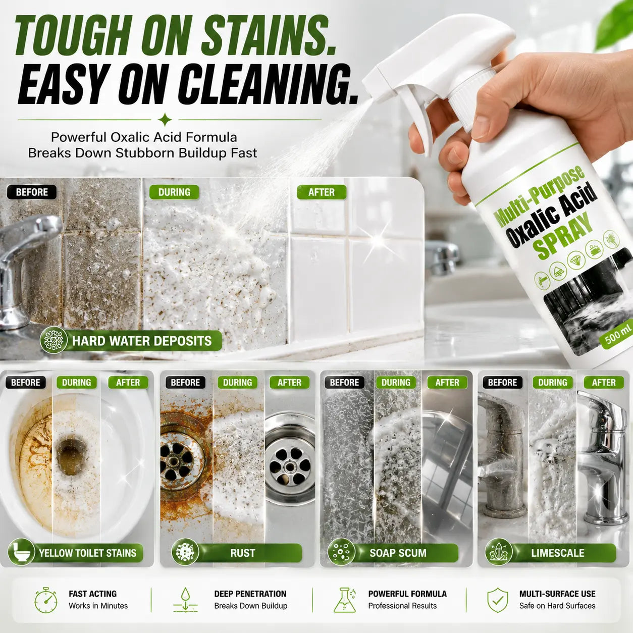 Multi-Purpose Oxalic Acid Cleaner Spray – Powerful Bathroom, Tile, Toilet & Hard Water Stain Remover (500ML)