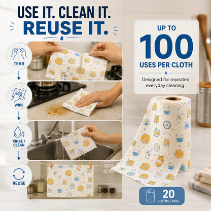 Reusable Kitchen Cleaning Cloth Roll – 20 Cloths, 25×25 cm, 100 days daily use