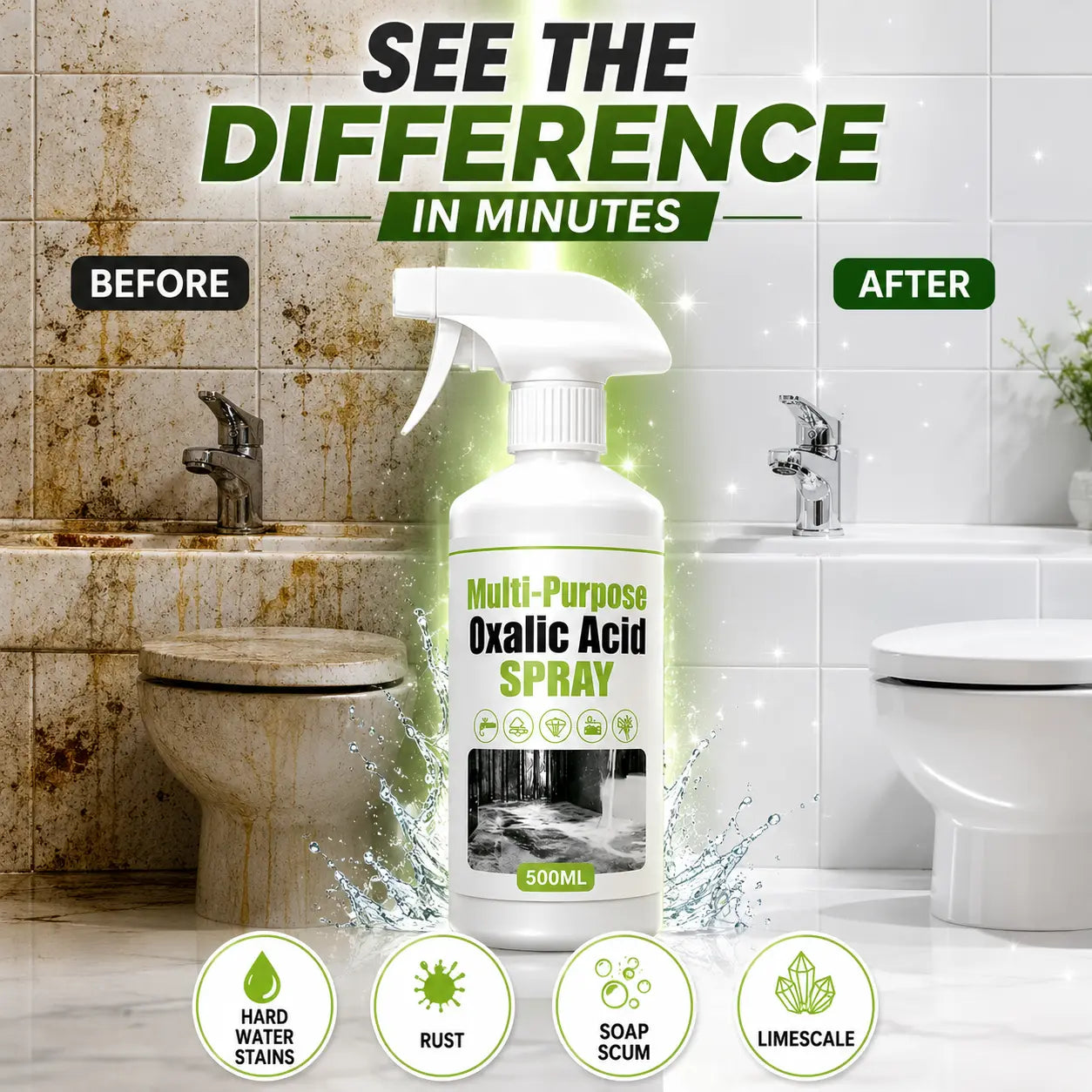 Multi-Purpose Oxalic Acid Cleaner Spray – Powerful Bathroom, Tile, Toilet & Hard Water Stain Remover (500ML)