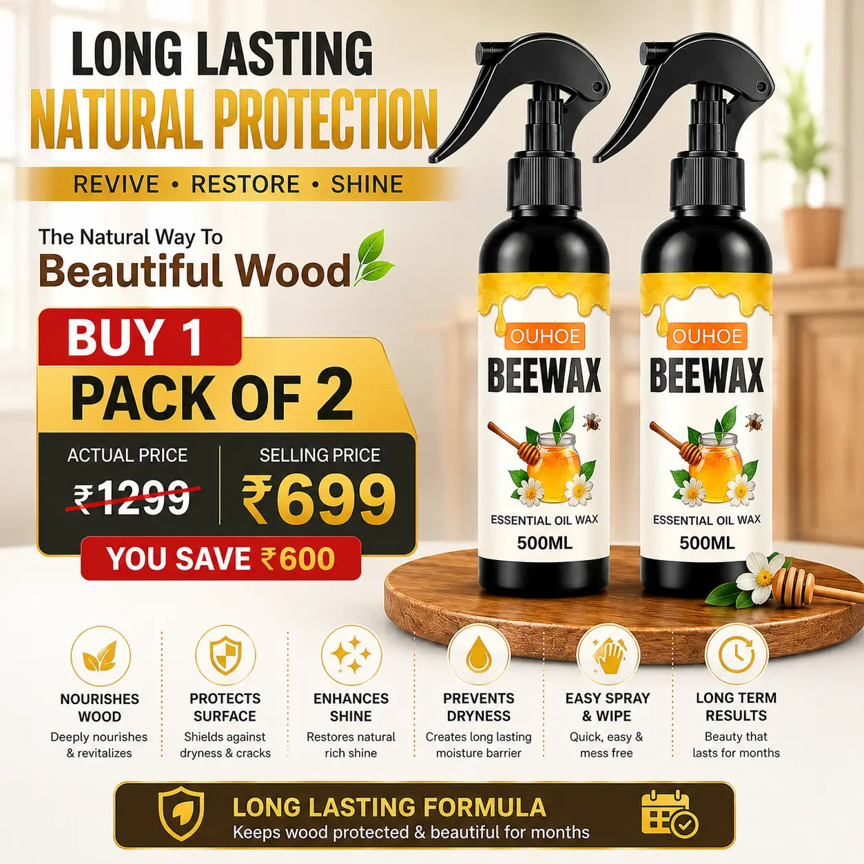 Beeswax Furniture Polish Spray for Wood Furniture, Floor, Doors & Cabinets | Natural Wood Restorer, Scratch Repair & Shine Spray | 500ml (Pack of 2)
