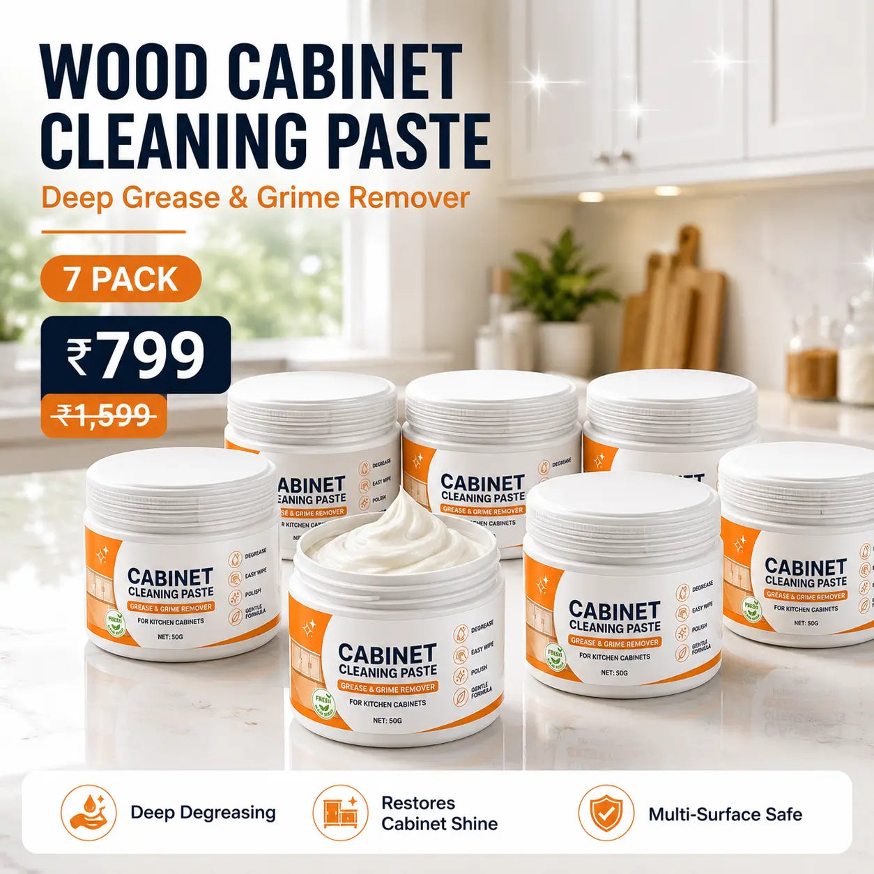 Wood Cabinet Cleaning Paste (7 Pack) – Deep Grease & Grime Remover for Wooden, Laminate & Painted Kitchen Cabinets (7 × 50g)