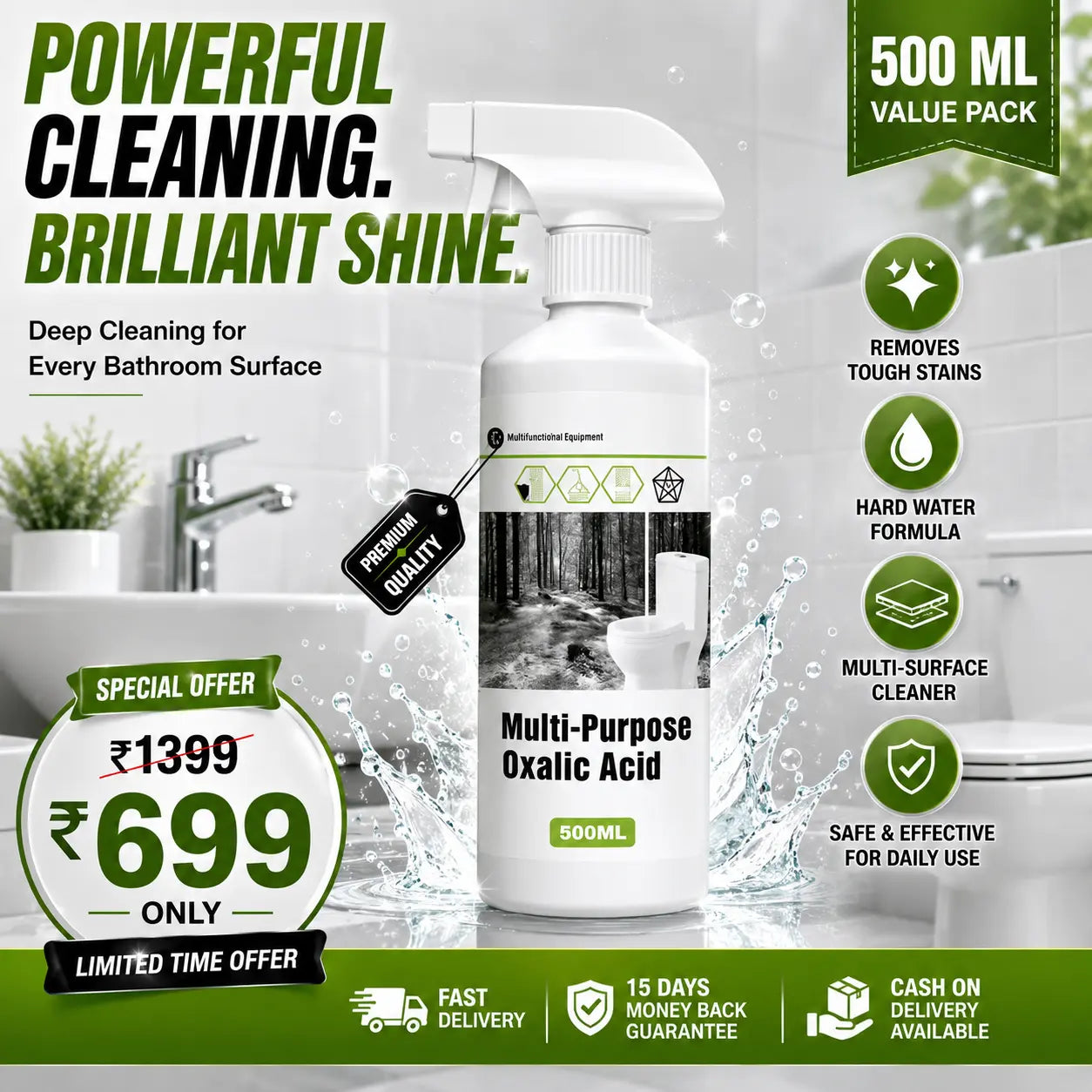 Multi-Purpose Oxalic Acid Cleaner Spray – Powerful Bathroom, Tile, Toilet & Hard Water Stain Remover (500ML)