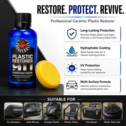 Plastic Restorer Ceramic Coating (200ml x2 Pack) | Plastic Trim Restorer for Cars, Bikes & Household Plastic | Hydrophobic UV Protection | Buy 1 Get 1 Free