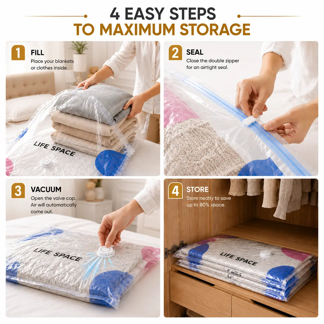 Premium 3D Vacuum Storage Bags – Pack of 5 Reusable Space Saver Bags for Clothes, Blankets & Bedding