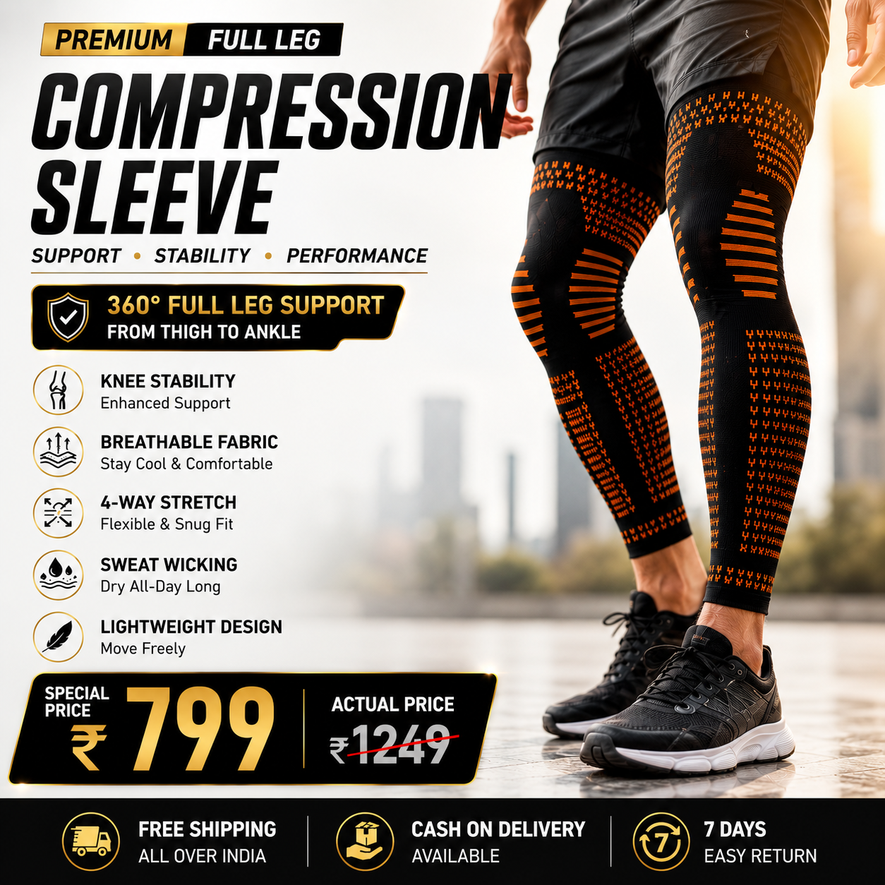 Full Leg Compression Sleeve – Knee Support & Muscle Recovery for Running, Gym & Sports