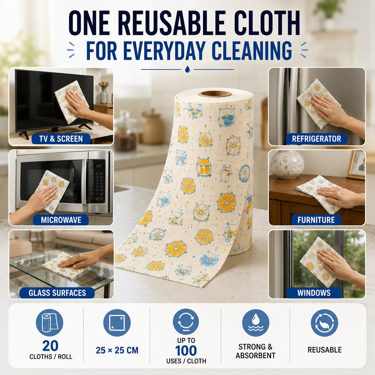 Reusable Kitchen Cleaning Cloth Roll – 20 Cloths, 25×25 cm, 100 days daily use
