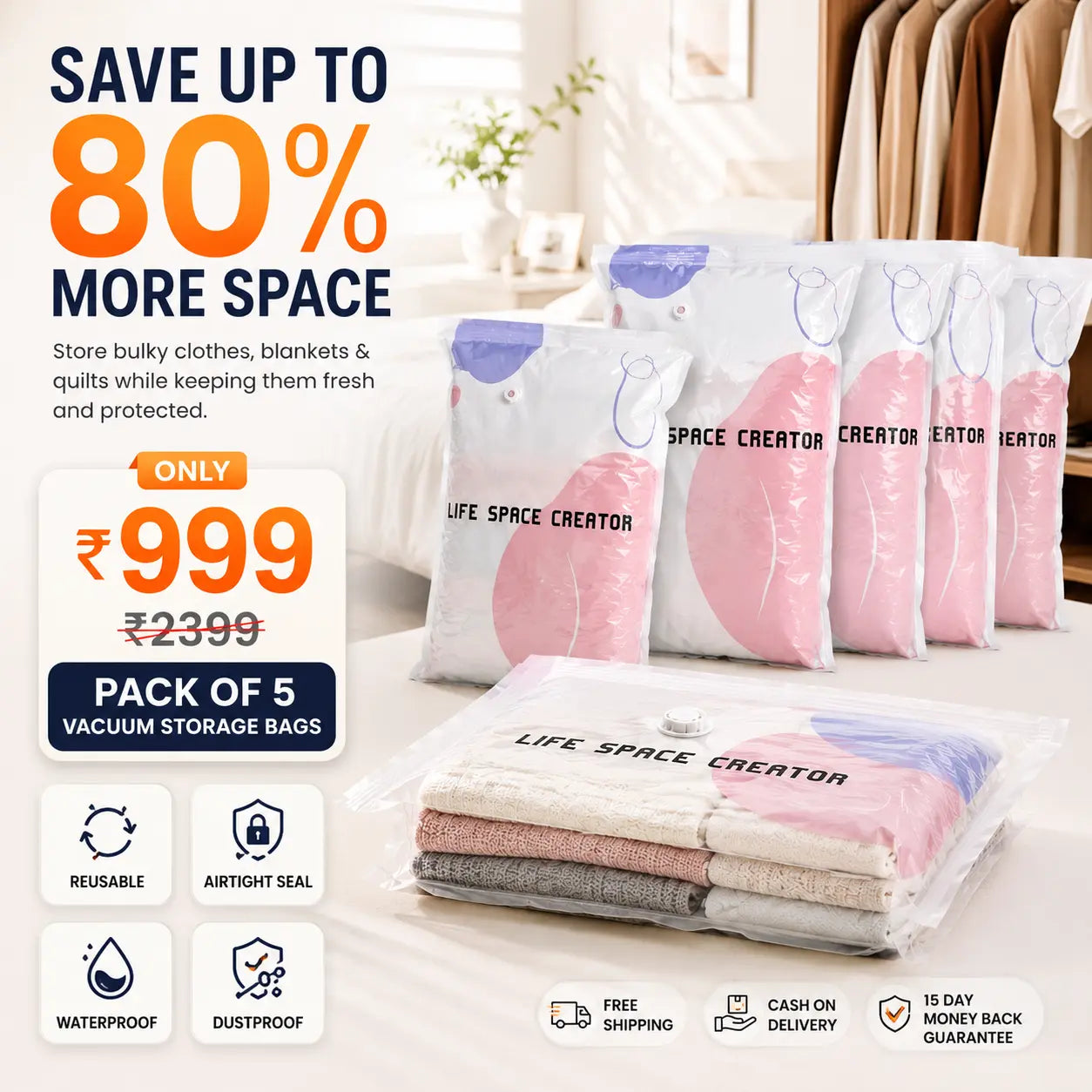 Premium 3D Vacuum Storage Bags – Pack of 5 Reusable Space Saver Bags for Clothes, Blankets & Bedding