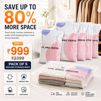 Premium 3D Vacuum Storage Bags – Pack of 5 Reusable Space Saver Bags for Clothes, Blankets & Bedding