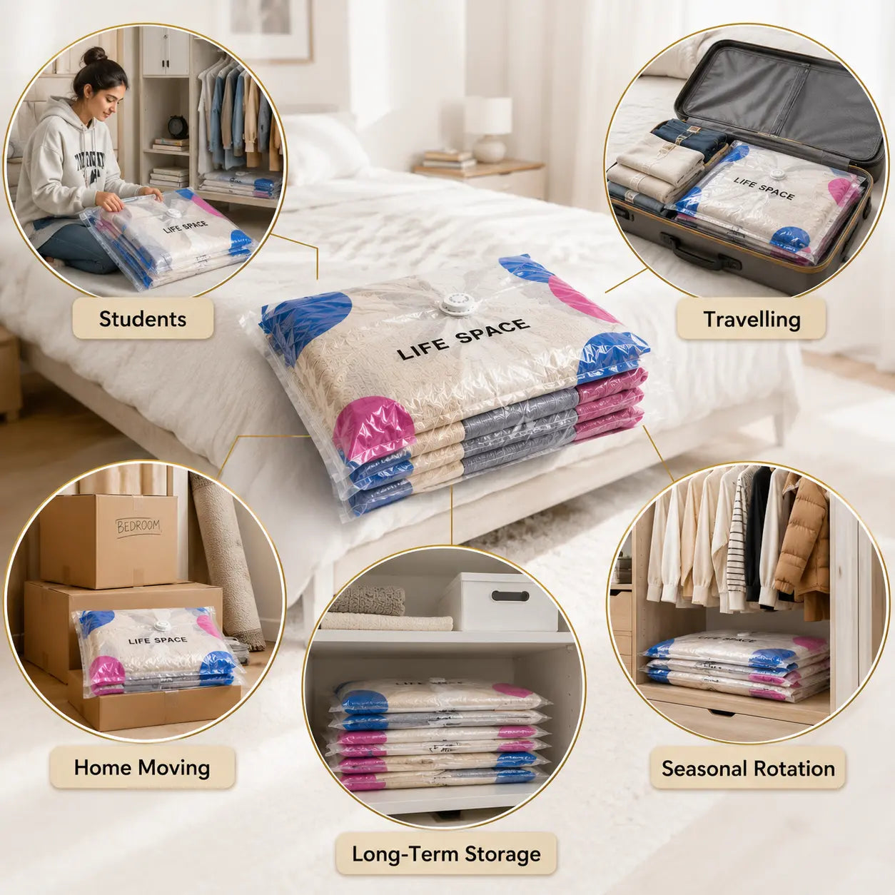 Premium 3D Vacuum Storage Bags – Pack of 5 Reusable Space Saver Bags for Clothes, Blankets & Bedding