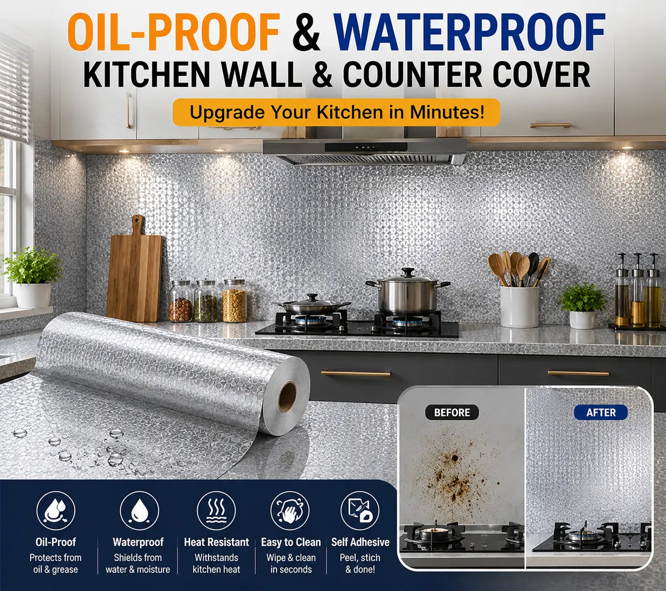 Premium Oil-Proof Waterproof Kitchen Sticker Roll | 5 Powerful Benefits in 1 Cover