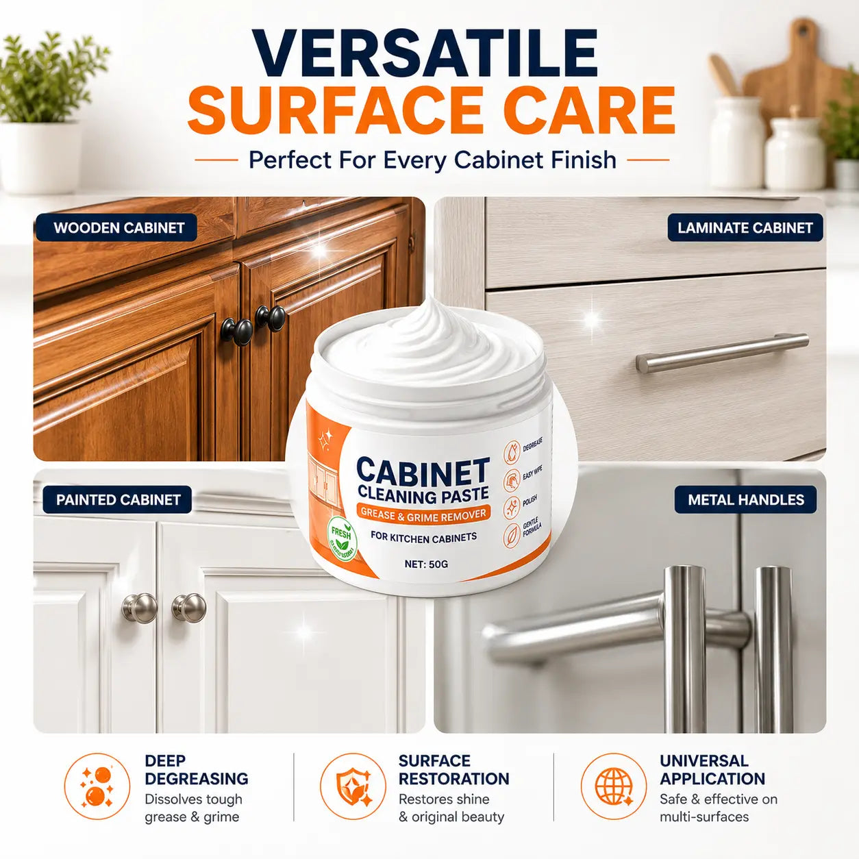 Wood Cabinet Cleaning Paste (7 Pack) – Deep Grease & Grime Remover for Wooden, Laminate & Painted Kitchen Cabinets (7 × 50g)