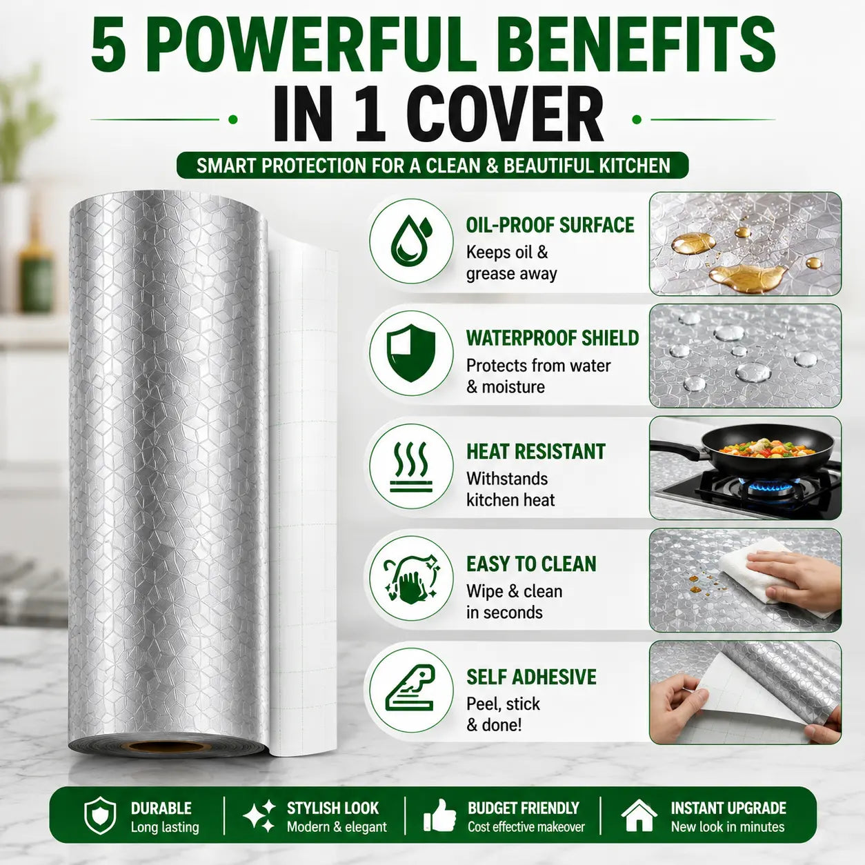 Premium Oil-Proof Waterproof Kitchen Sticker Roll | 5 Powerful Benefits in 1 Cover