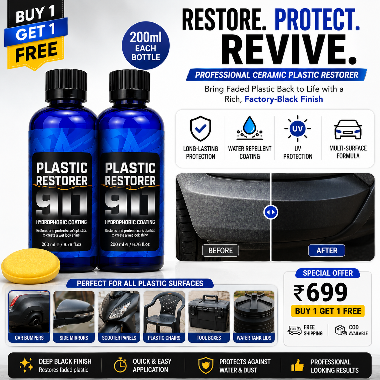 Plastic Restorer Ceramic Coating (200ml x2 Pack) | Plastic Trim Restorer for Cars, Bikes & Household Plastic | Hydrophobic UV Protection | Buy 1 Get 1 Free